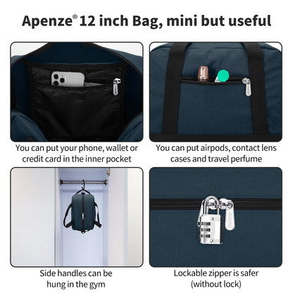 Apenze Small Gym Bag Carry On Bag - 12 in Mini Duffle Bag Lightweight for Overnight Travel（Navy Blue）