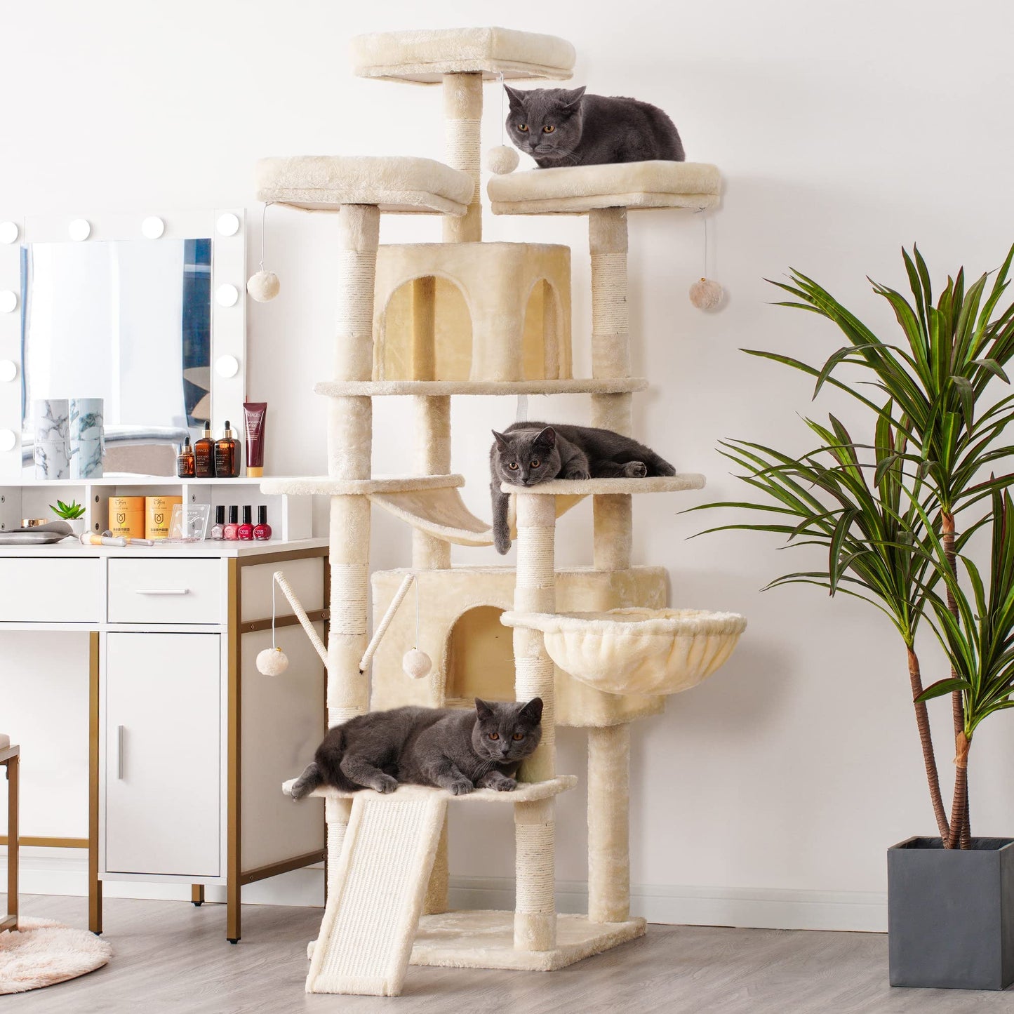 Hey-brother Cat Tree, 71 inches XL Large Cat Tower for Indoor Cats, Multi-Level Cat House with 3 Padded Perches, Big Scratcher, Cozy Basket, 2 Cat Condos and Scratching Posts, Beige MPJ034M