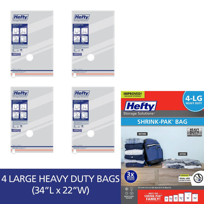 Hefty Shrink-Pak Heavy Duty Vacuum Storage Bags – For Clothes, Pillows, Towels, Blankets & More – Space Saver Vacuum Suction Seal for Home or Travel – 4 Large Bags, 34 x 22 Inches