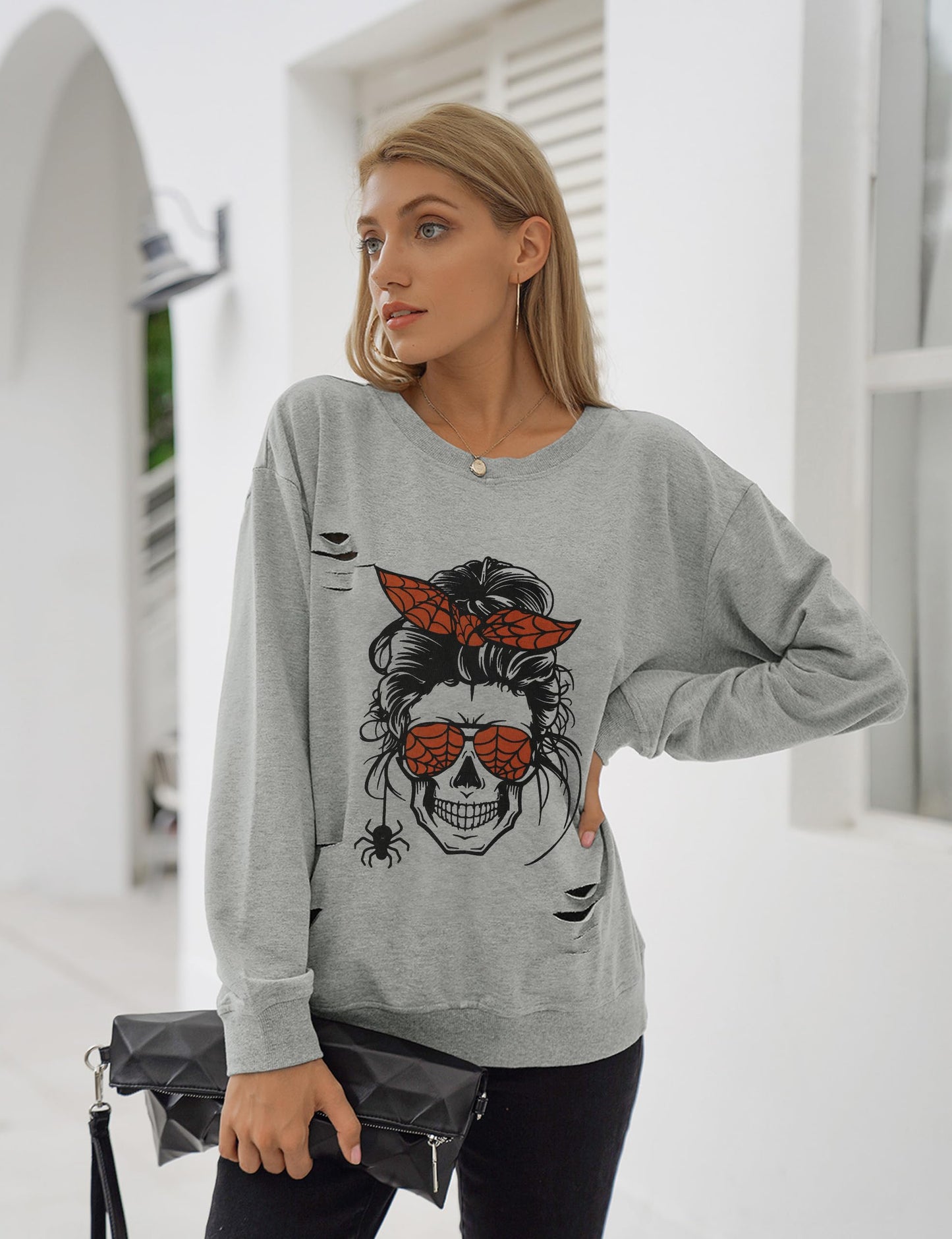 Blooming Jelly Women's Halloween Sweatshirts Skull Graphic T Shirts Long Sleeve Pullover Gothic Fall Trendy Outfits 2024 (Large, Gray-Spider)