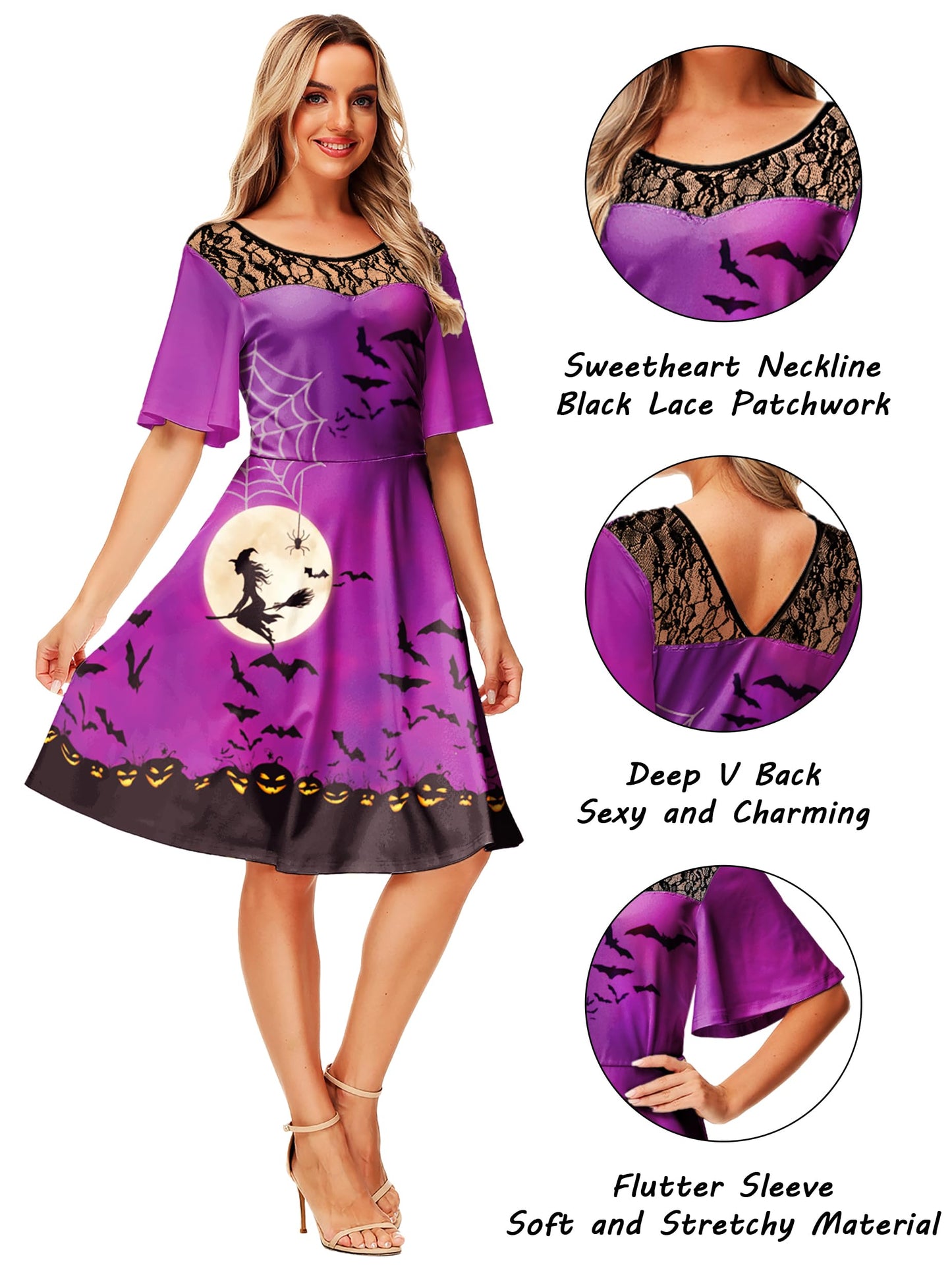 Womens Halloween Flutter Sleeve Dresses Lace Patchwork Vintage Flare Swing A-Line Dress XXL