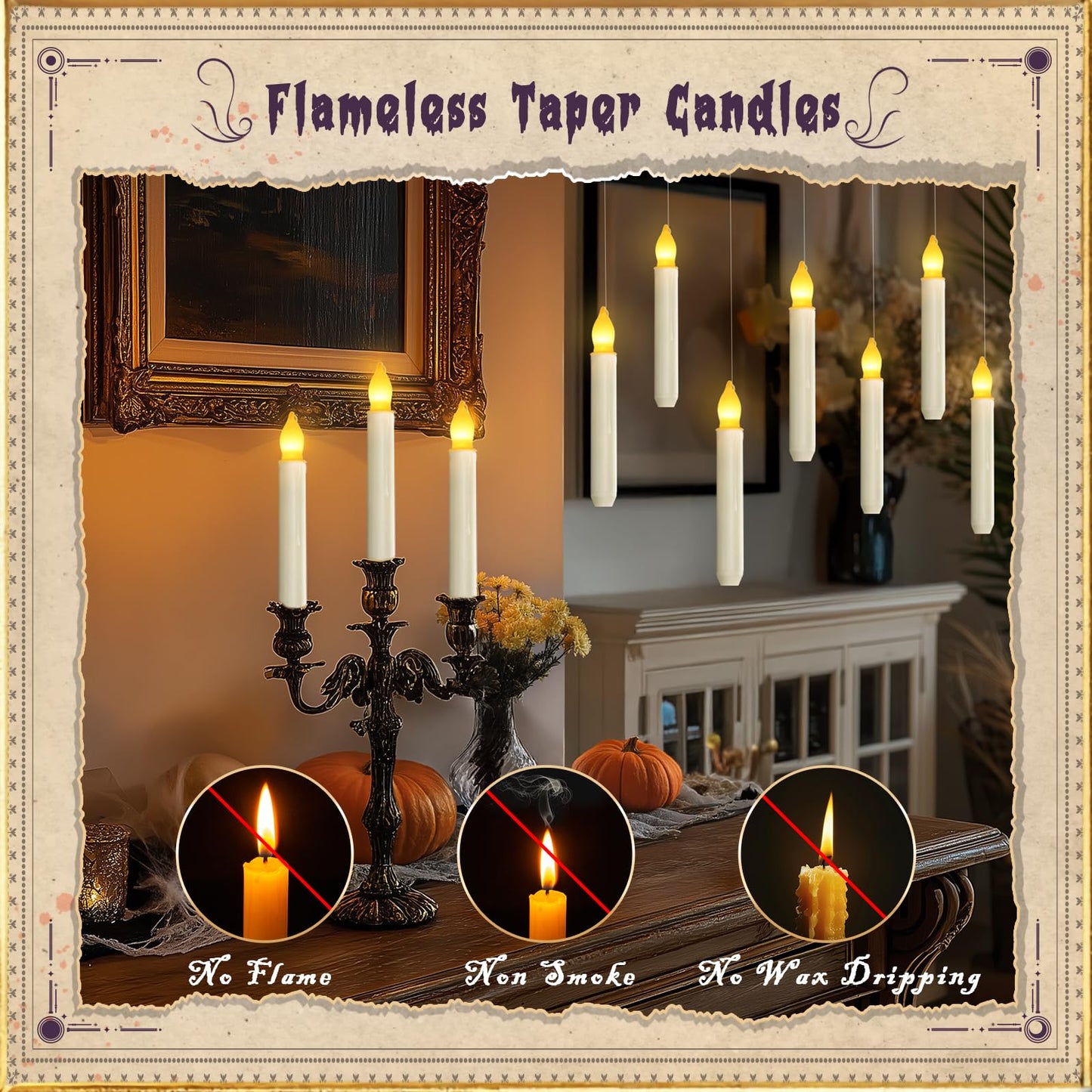 Homemory Floating Candle with Wand Remote, 12 Pcs Magical Candlesticks Witch Decors, Warm Yellow Flameless Taper Candles Battery Operated, LED Window Candle for Halloween Party Decor