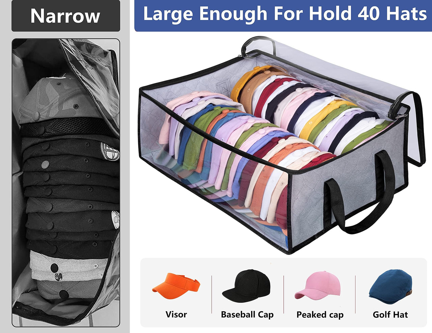 AOODA Hat Storage for Baseball Caps, Large Holds up to 40 Caps Wide Hat Organizer for Closet Snapback Holder, Grey