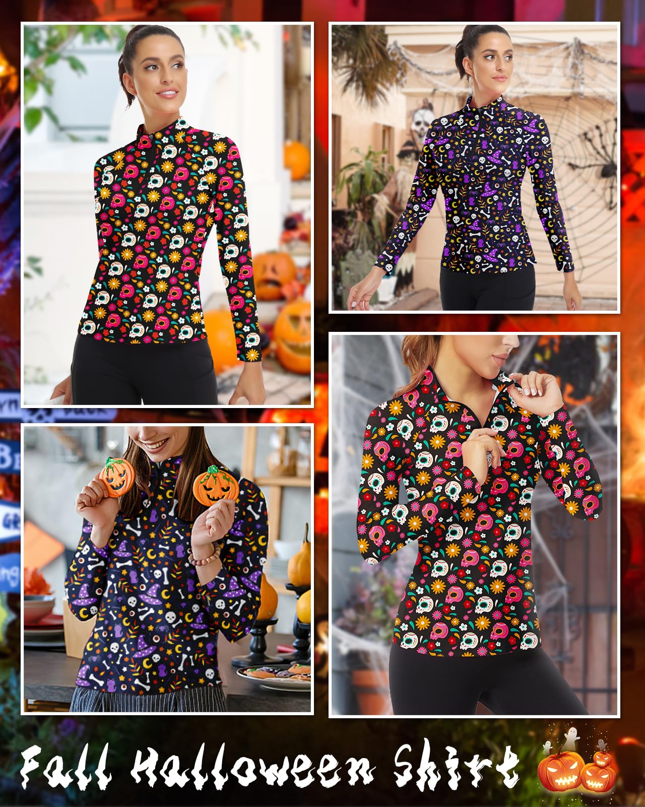 Women's Long Sleeve Golf Shirts Sun Protection Workout Pullover 3/4 Zip Teenis Sweatshirt Athletic Running Top Halloween (Purple Skull,M)