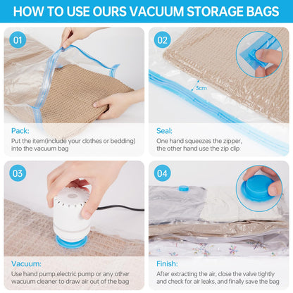 AKLL7S Vacuum Storage Bags with Electric Pump, 12 Pack Space Saver Bags(3 Jumbo/3 Large/3 Medium/3 Small) Vacuum Seal Bags for Clothing, Comforters, Blankets, Travel(Hand Pump Included)