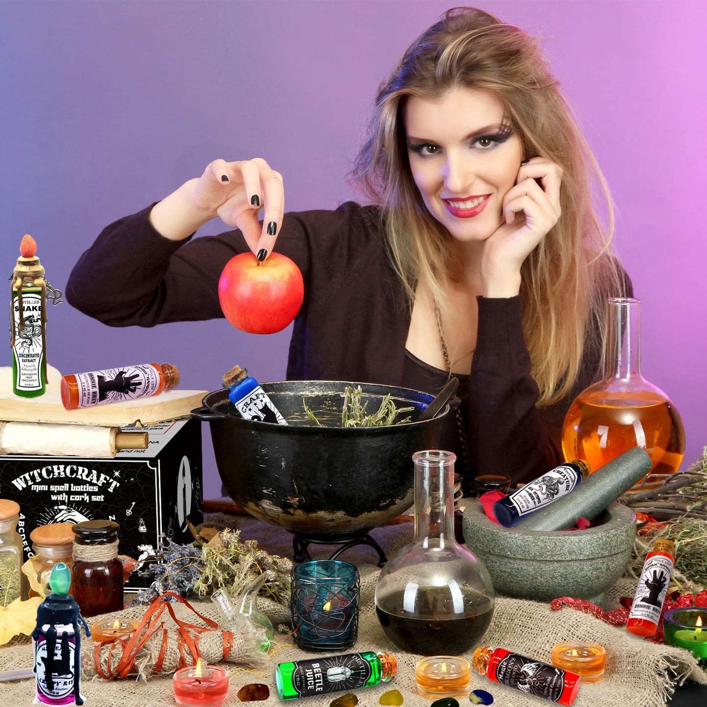 Ainswei Halloween Decorations Indoor,135Pcs Potion Bottles Halloween Decor,Witch Halloween Decorations with Stone,Apothecary Witch Lables Decoration For Home Room Party Supplies