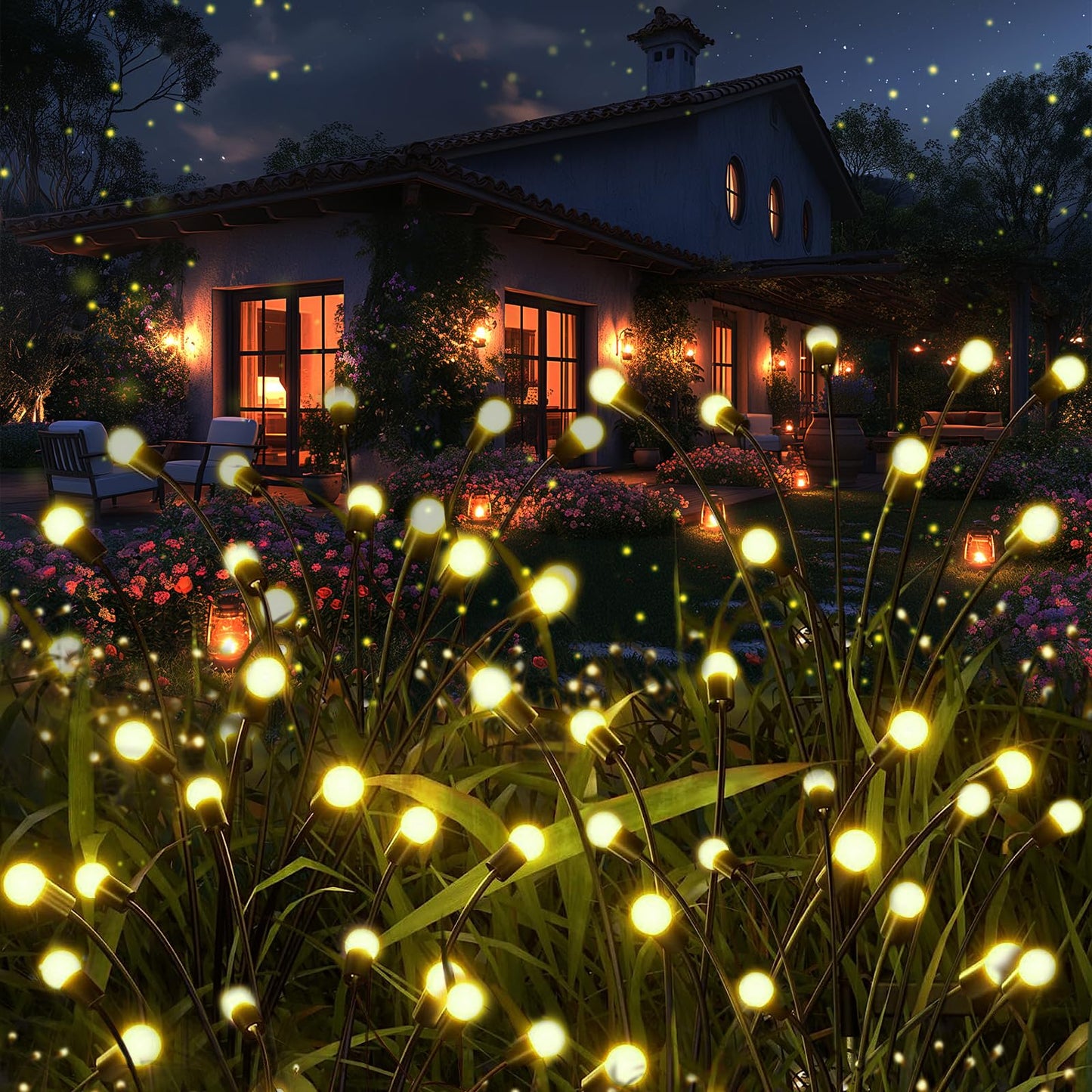 CALFVIC 8 Pack 64 LED Solar Garden Lights - Plastic Swaying Design for Brighter Glow, Solar-Powered & Waterproof, Easy Setup with Two Modes, Perfect for Yard/Garden - Warm White