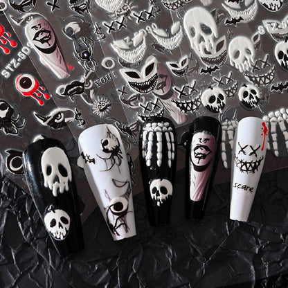5D Embossed Halloween Nail Art Stickers Day of Death Black Lip Nail Sticker Decal Nail Art Decoration Supplies Horror Spooky Spider Evil Eye Skull Bone Halloween Self-adhesive Nail Design for Women Girls (halloween-1)
