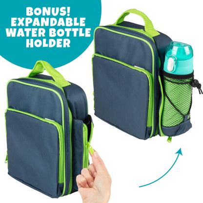 Insulated Lunch Box w Snack Pocket & Water Bottle Holder-Girls or Kids School Lunchbox Tote Keeps Food Hotter or Colder Longer-Reusable Bag Fits Most Bento Boxes Ice Packs Nesting Container-Blue Green