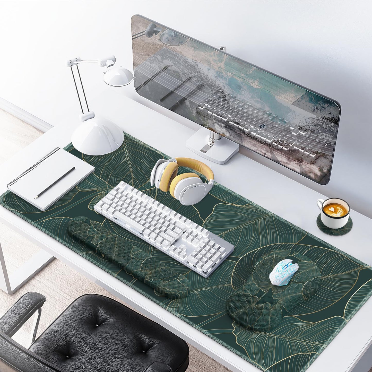 AnyShock 4 in 1Desk Mat for Keyboard and Mouse, Ergonomic Green Mouse Pad with Memory Foam Wrist Rest, Large Desk Pad Mat, Soft Wrist Support for Keyboard (Palm Leaves)