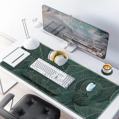 AnyShock 4 in 1Desk Mat for Keyboard and Mouse, Ergonomic Green Mouse Pad with Memory Foam Wrist Rest, Large Desk Pad Mat, Soft Wrist Support for Keyboard (Palm Leaves)