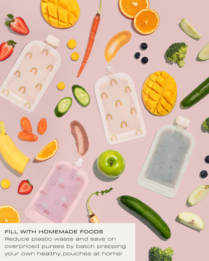 Hippypotamus Reusable Baby Food Pouches for Toddlers - BPA Free Food Grade - Dishwasher & Freezer Safe - Baby Food Containers - Refillable Squeeze Pouch for Applesauce & Yogurt - 12 Pack (Rainbows)