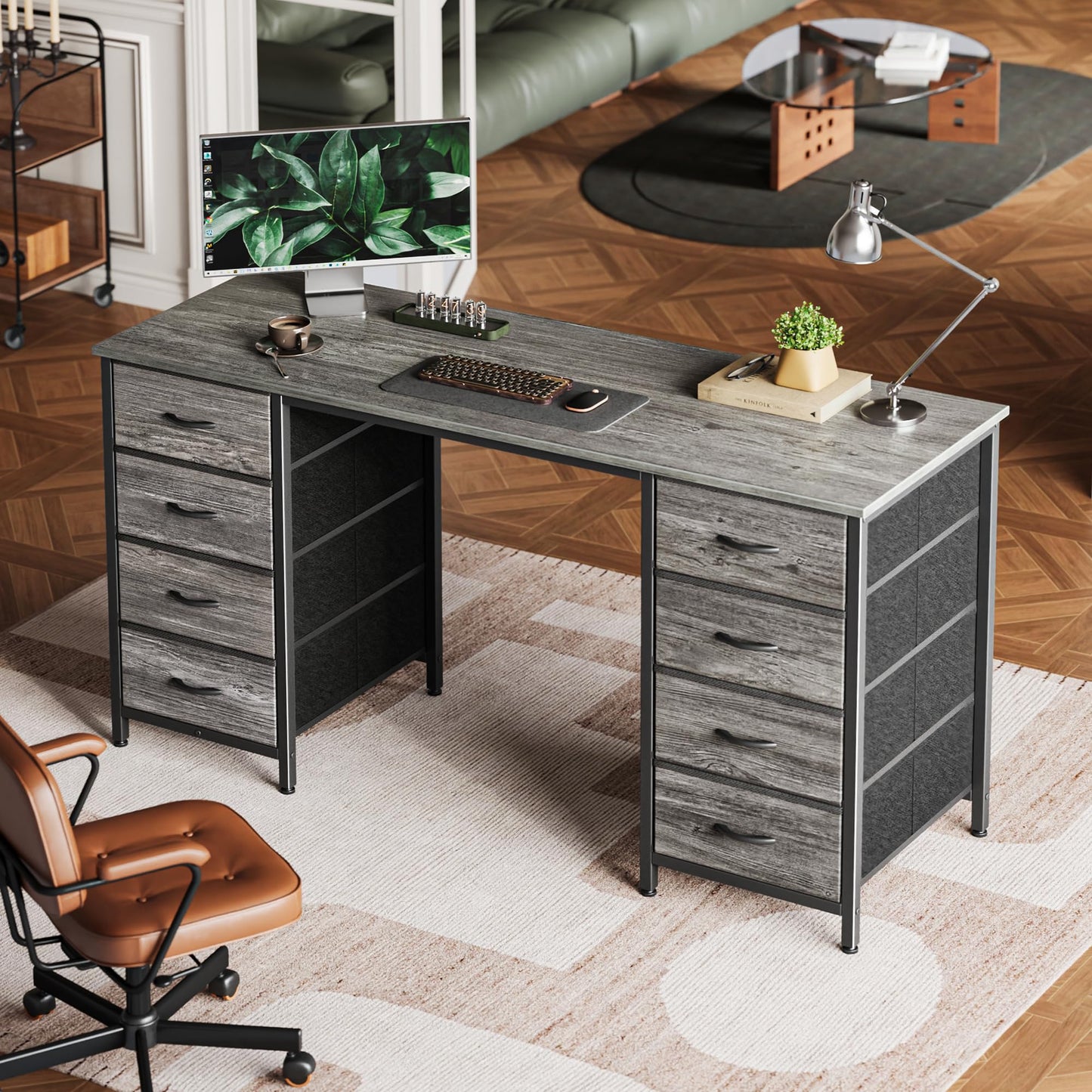 Huuger 54 Inch Computer Desk with 8 Fabric Drawers, Office Desk for Home Office, Study, Gaming Desk with Drawers, Large Storage, Grey