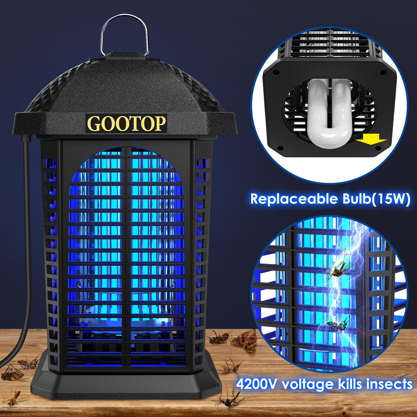 Bug Zapper Indoor Outdoor, 4200V Electric Mosquito Zapper, Bug Zapper Outdoor, Fly Traps, Fly Zapper, Mosquito Killer Indoor 3 Prong Plug, 90-130V, ABS Plastic Outer