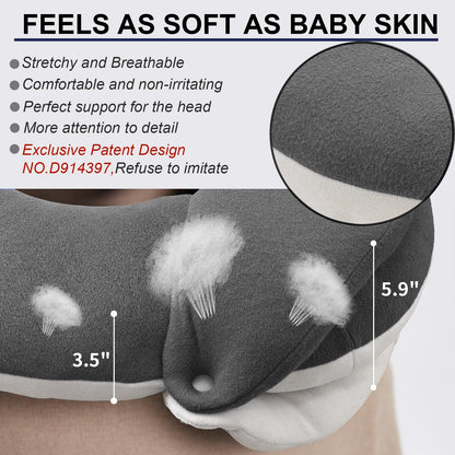 BUYUE Travel Neck Pillows for Airplanes, 360° Head Support Sleep for Long Flight, Skin-Friendly & Breathable, Kit with 3D Contoured Eye Mask, Earplugs and Storage Bag (Adult, Grey, 90+ lbs)