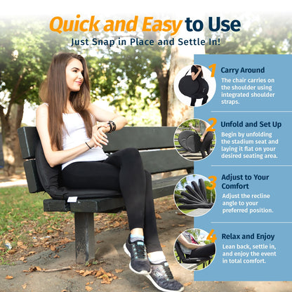 Alpcour Folding Stadium Seat – Deluxe Outdoor Camping Reclining Waterproof Cushion Chair for Bleachers – Best 6-Position Back Support Picnic Bleacher Seats w/Extra Thick Padding for Support & Comfort