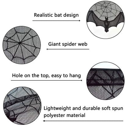 ZeeDix 2 Pcs Halloween Black Lace Bat Window Curtains- Spiderweb Tablecloth Bat Shower Curtain Window Valance Spider Cobweb Fireplace Mantles Scarf for Halloween Party Decor, Party Supplies
