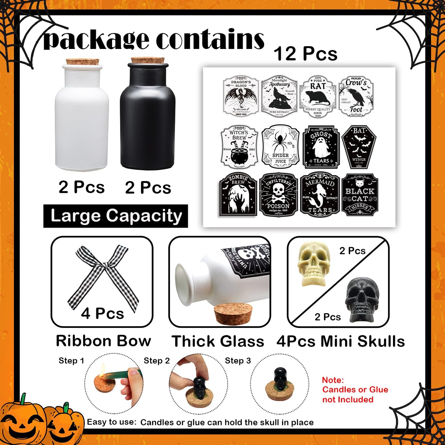 Ainswei Halloween Decorations Indoor, 4 Potion Bottle with Cork, 12PCS Label Halloween Stickers, Black and White Apothecary Glass Bottles, For Tiered Tray Table Home Room Halloween Decor