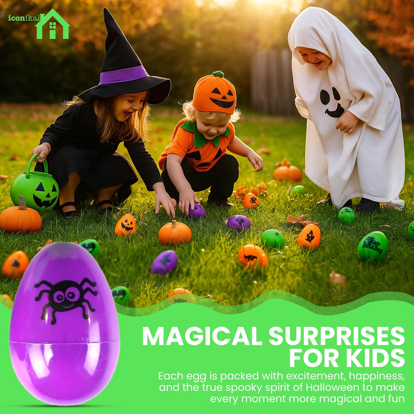 Iconikal 72-Count Halloween Eggs - Durable Plastic Holiday Treat Containers in Orange, Neon Green, and Purple Featuring 6 Different Fun Designs (2.3 x 1.6)