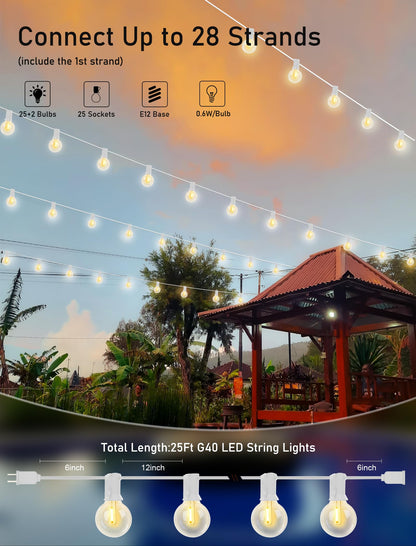 25Ft LED Outdoor String Lights, G40 Globe Patio String Lights Waterproof with 27 Shatterproof Bulbs(2 Spare), Connectable Hanging Outdoor Lights for Backyard Garden Bistro Wedding Party Decor, White