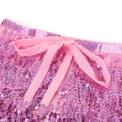 Women's Sequin Tassel Skirts Sparkly Rave Fringe Hip Scarf for Festival Costume(Pink)