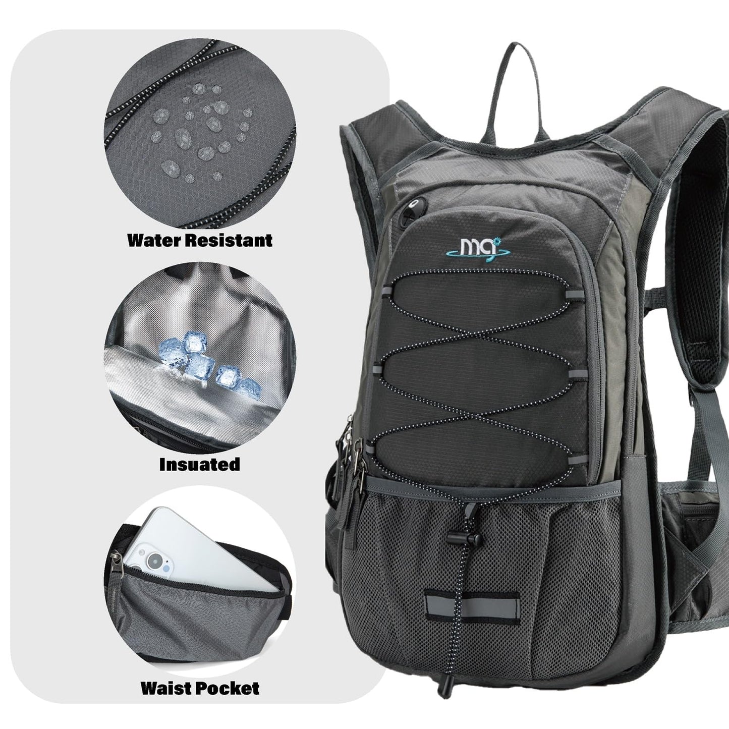 Insulated Hydration Backpack Pack with 2L BPA Free Bladder - Keeps Liquid Cool up to 5 Hours – for Running, Hiking, Cycling, Camping (Solid Grey)