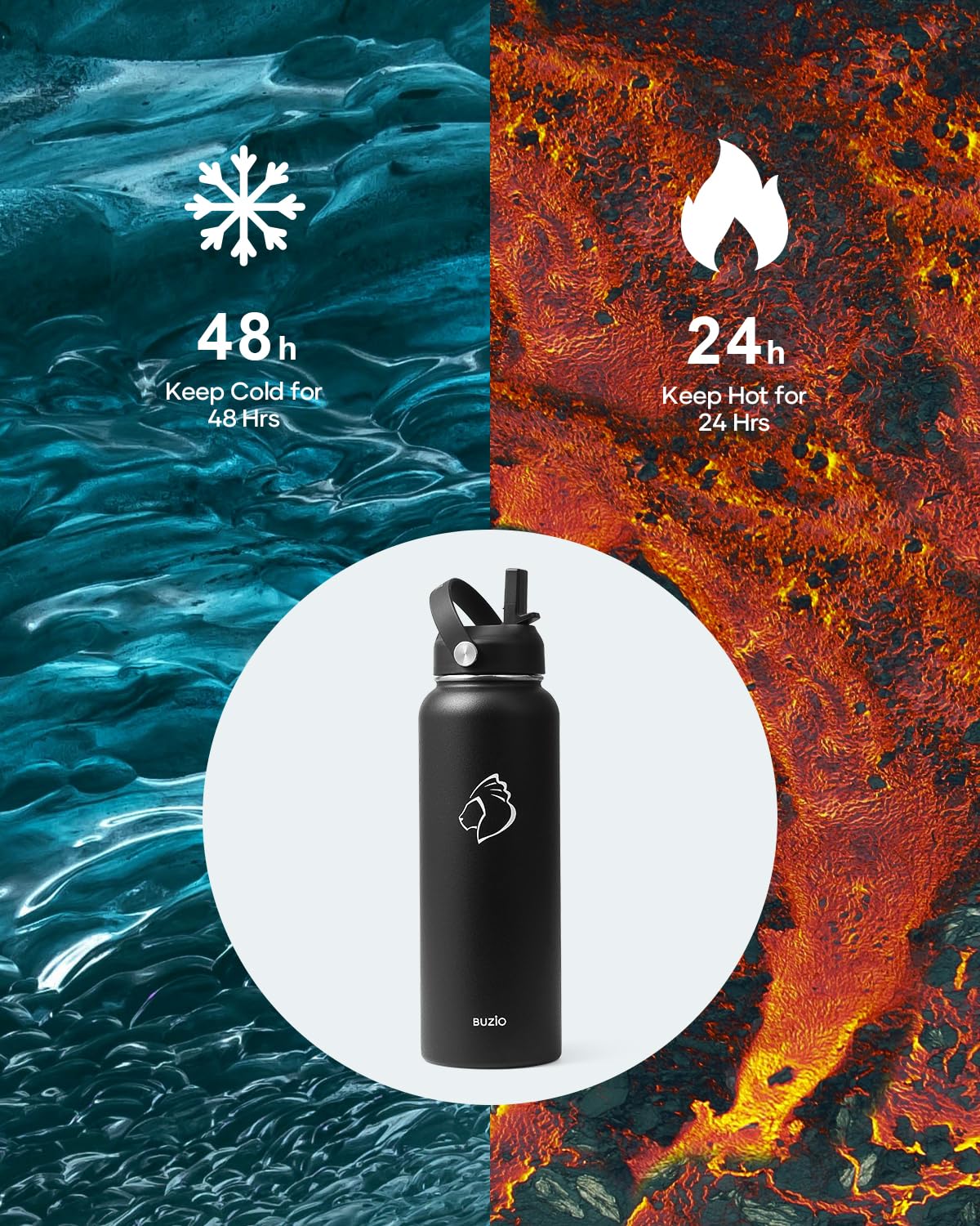 BUZIO 1180ml Insulated Water Bottle with Straw Lid and Flex Cap, 40oz Stainless Steel Drinking Bottle (Keep Cold 48 Hrs/Hot 24 Hrs) Metal Flask Leakproof Wide Mouth Thermo Canteen for Sports, Black