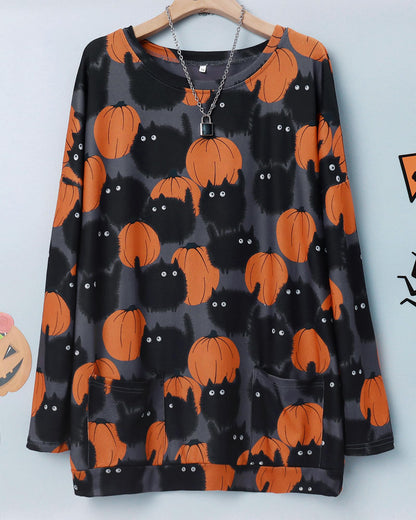 BOUTIKOME Womens Halloween Pumpkin Sweatshirt Black Cat Long Sleeve Crewneck Pullover Shirts with Pocket Tunic Tops (Dark Grey, X-Large)