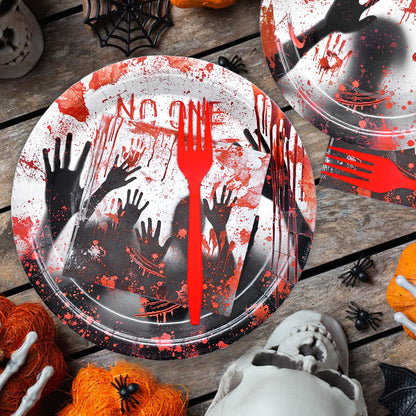 96 Pieces Halloween NO ONE LEAVES Tableware Set - Spooky Disposable Dinnerware with Plates, Napkins, Forks for Halloween Horror-Themed Events, and Haunted House Party Supplies, Serves 24 Guests
