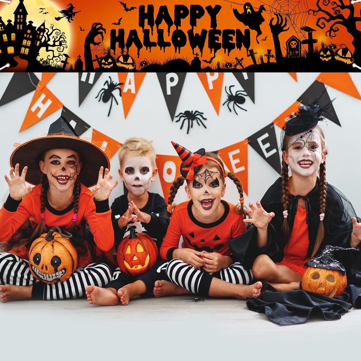 Avezano Happy Halloween Banner Large 98.4 x19.6 Inch Yard Sign Banner Black and Orange Halloween Party Decorations Welcome Hanging Flag Outdoor Fence Garage Garden Porch Holiday Backdrop