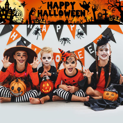 Avezano Happy Halloween Banner Large 98.4 x19.6 Inch Yard Sign Banner Black and Orange Halloween Party Decorations Welcome Hanging Flag Outdoor Fence Garage Garden Porch Holiday Backdrop
