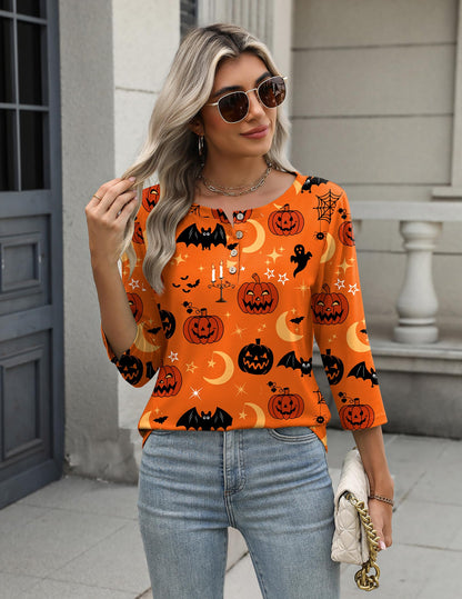 Zeagoo Halloween Shirts Round Neck T Shirts for Women 3/4 Sleeve Blouses Dressy Casual Fall Clothes 2025 Tunic Tops
