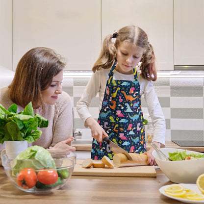 BeeGreen Kids Apron 2 Pack Cooking Aprons with Adjustable Strap Kids Kitchen Aprons with Front Pocket for Girls Toddler Painting Baking Artist Washable Foldable Lightweight (Dinosaurs+Space Planets)