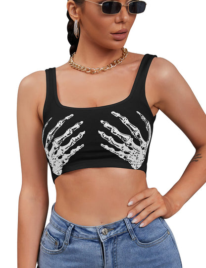 Women's Sexy Skeleton Skull Hand Print Sleeveless Funny Halloween Crop Tank Top Shirts,Small,Black Hand