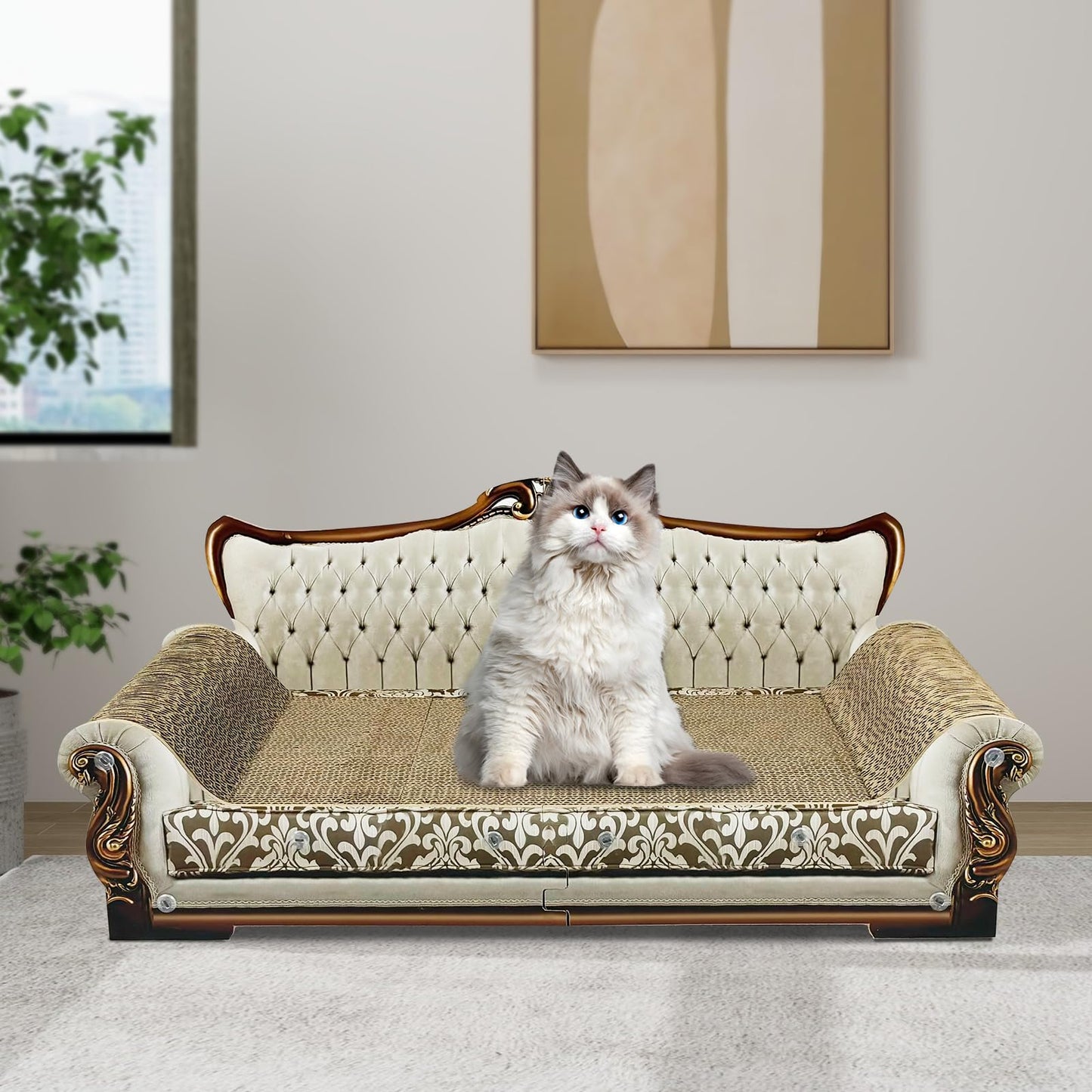 INRLKIT Luxury Cardboard Cat Scratcher Sofa Bed, Couch Shaped Scratching Board, Scratch Lounge with Catnip, Scratcher for Indoor Cats Large Grey