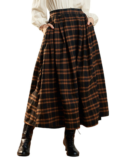 Women Plaid Skirts High Waist Ruffle Skirt Long Skirts with Pockets Orange Plaid S