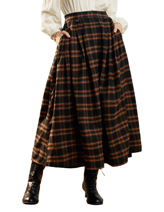 Women Plaid Skirts High Waist Ruffle Skirt Long Skirts with Pockets Orange Plaid S