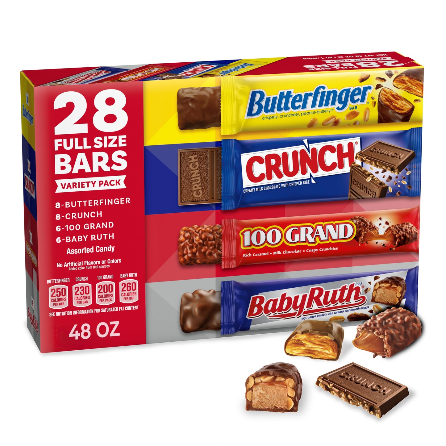 Butterfinger, CRUNCH, Baby Ruth, 100 Grand, Assorted Bulk Candy Bar Variety Pack Full Size, 28-Count, 48 oz