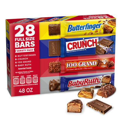 Butterfinger, CRUNCH, Baby Ruth, 100 Grand, Assorted Bulk Candy Bar Variety Pack Full Size, 28-Count, 48 oz