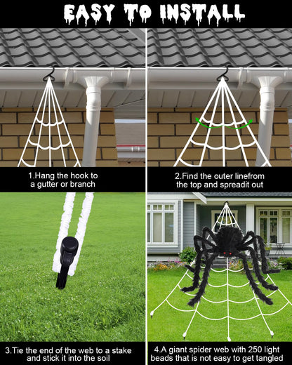 Brighter Spider Webs Halloween Decorations Lights,250 Purple LED Light Up,8 Modes 16.4Ft Giant Spiderweb with Remote Control,48'' Giant Spider,Halloween Decor for Yard Outside