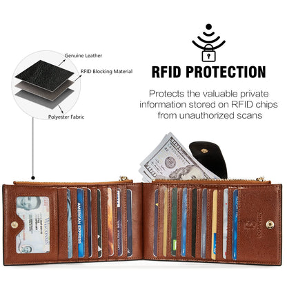 BOSTANTEN Leather Wallets for Women Large RFID Blocking Slim Bifold Purse Card Holder with Zipper Pocket Black＆Brown