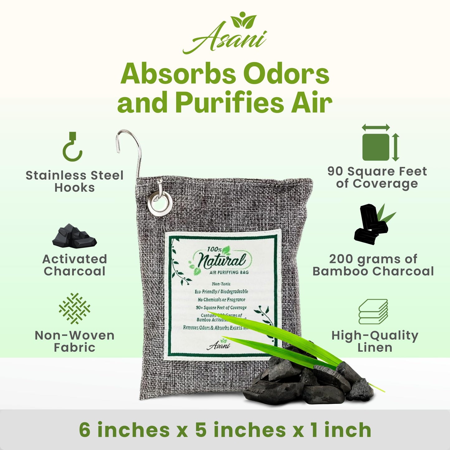 Asani Air Purifier Bags with Bamboo Activated Charcoal (Purifying Pack of 4) | Natural Air Freshener Deodorizer | Moisture Absorber and Odor Eliminators for Home, Car, Refrigerator, Closet (200g Each)