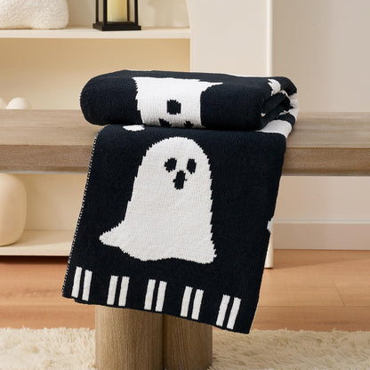 Amélie Home Reversible Halloween Throw Blanket for Couch, Spooky Halloween Ghost Cute Terror Scence, Chenille Knit Soft Cozy for Bed Sofa Home Decor Gifts, 50" x 60", Ghost