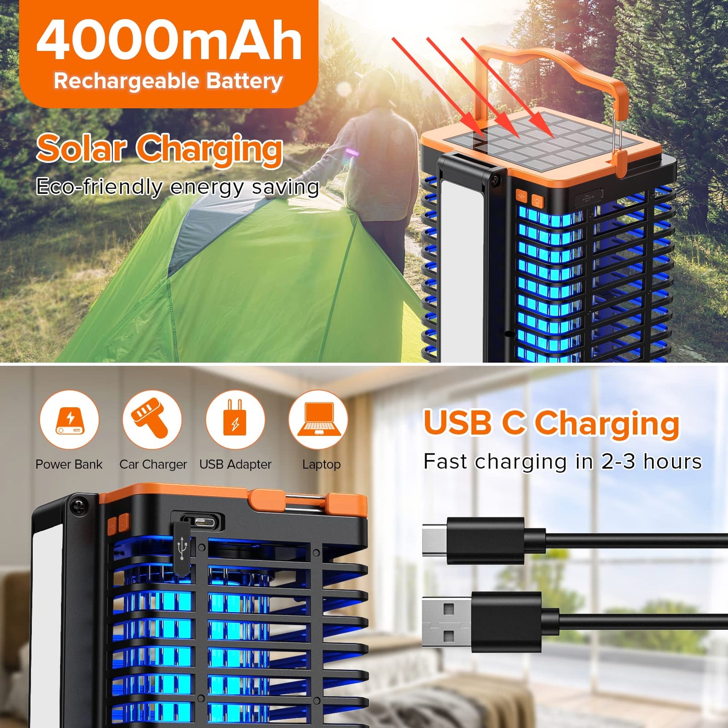 Bug Zapper Indoor Outdoor, Mosquito Trap Cordless & Rechargeable, Mosquito Zapper Solar Powered, 4200V Killer with Reading Lamp Equipped 4000mAh Battery for Home