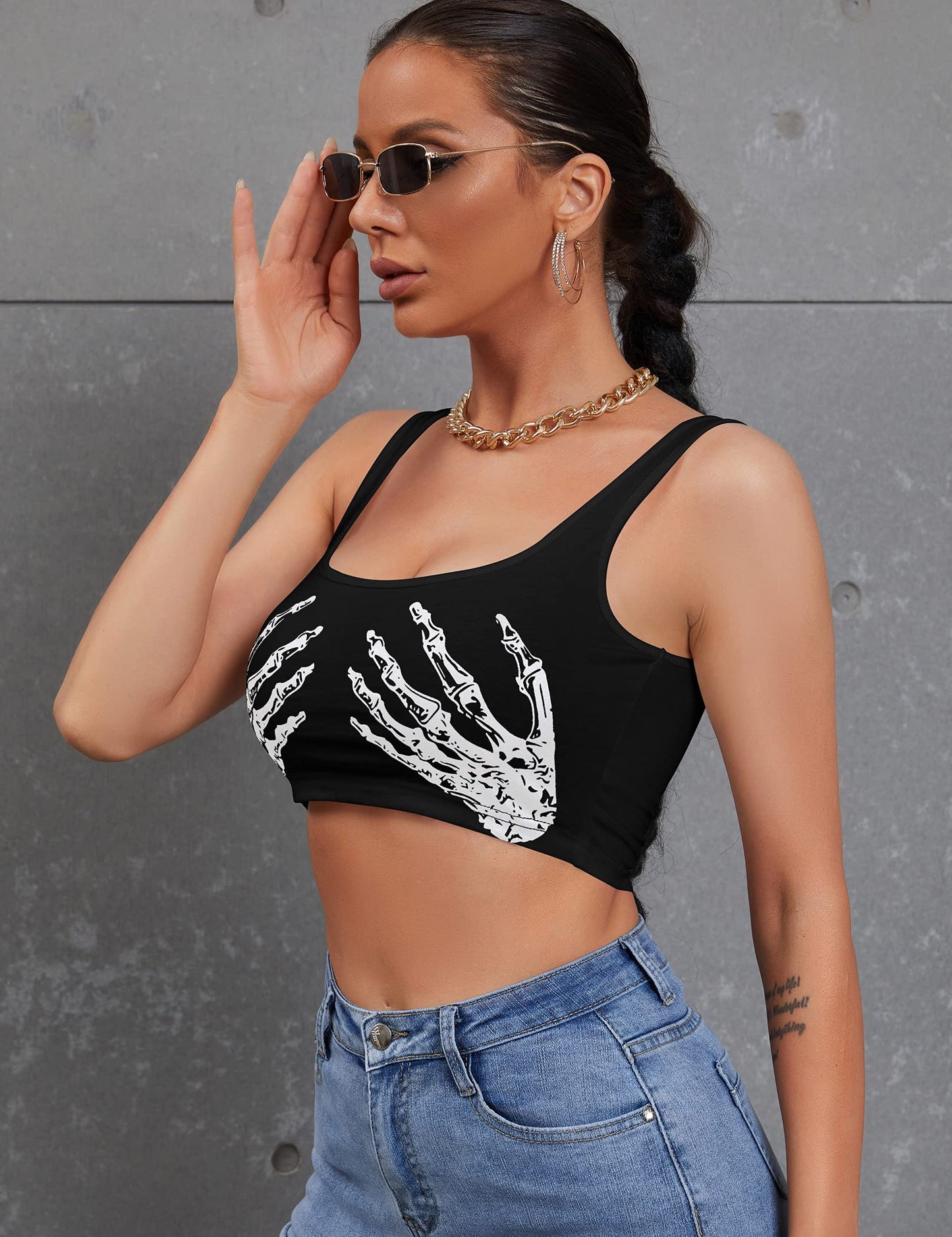 Women's Sexy Skeleton Skull Hand Print Sleeveless Funny Halloween Crop Tank Top Shirts,Small,Black Hand