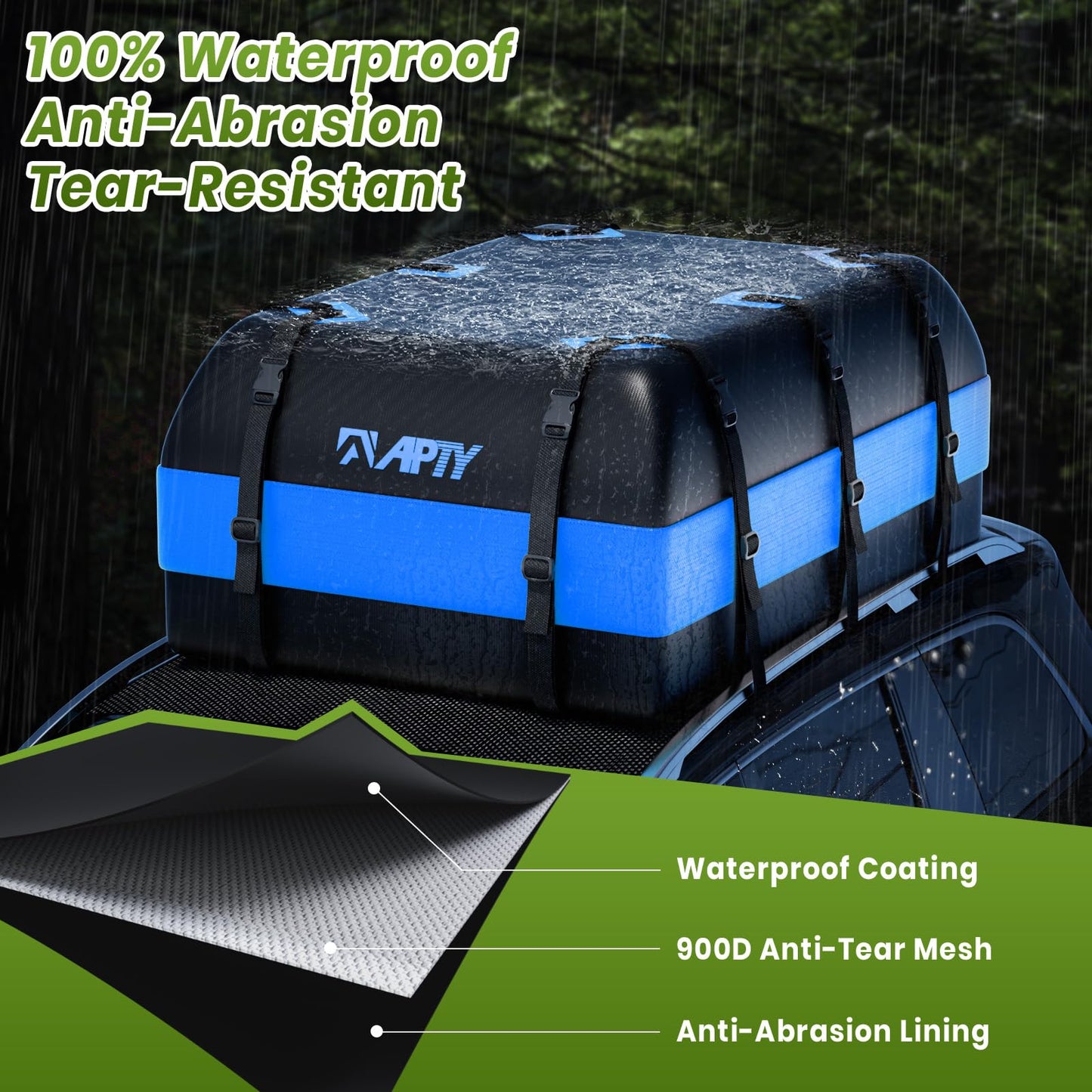 APTY 21 Cubic Feet Car Rooftop Cargo Bag Carrier, Soft Roof Top Luggage Bag for All Vechicles with/Without Racks - with Waterproof Zip, Luggage Lock, Anti-Slip Mat, Storage Bag, Door Hooks, Blue