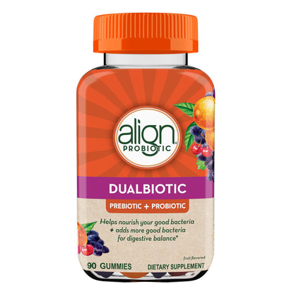 Align DualBiotic, Prebiotic + Probiotic for Women and Men, Help Nourish and Add Good Bacteria for Digestive Support, Natural Fruit Flavors, 90 Gummies