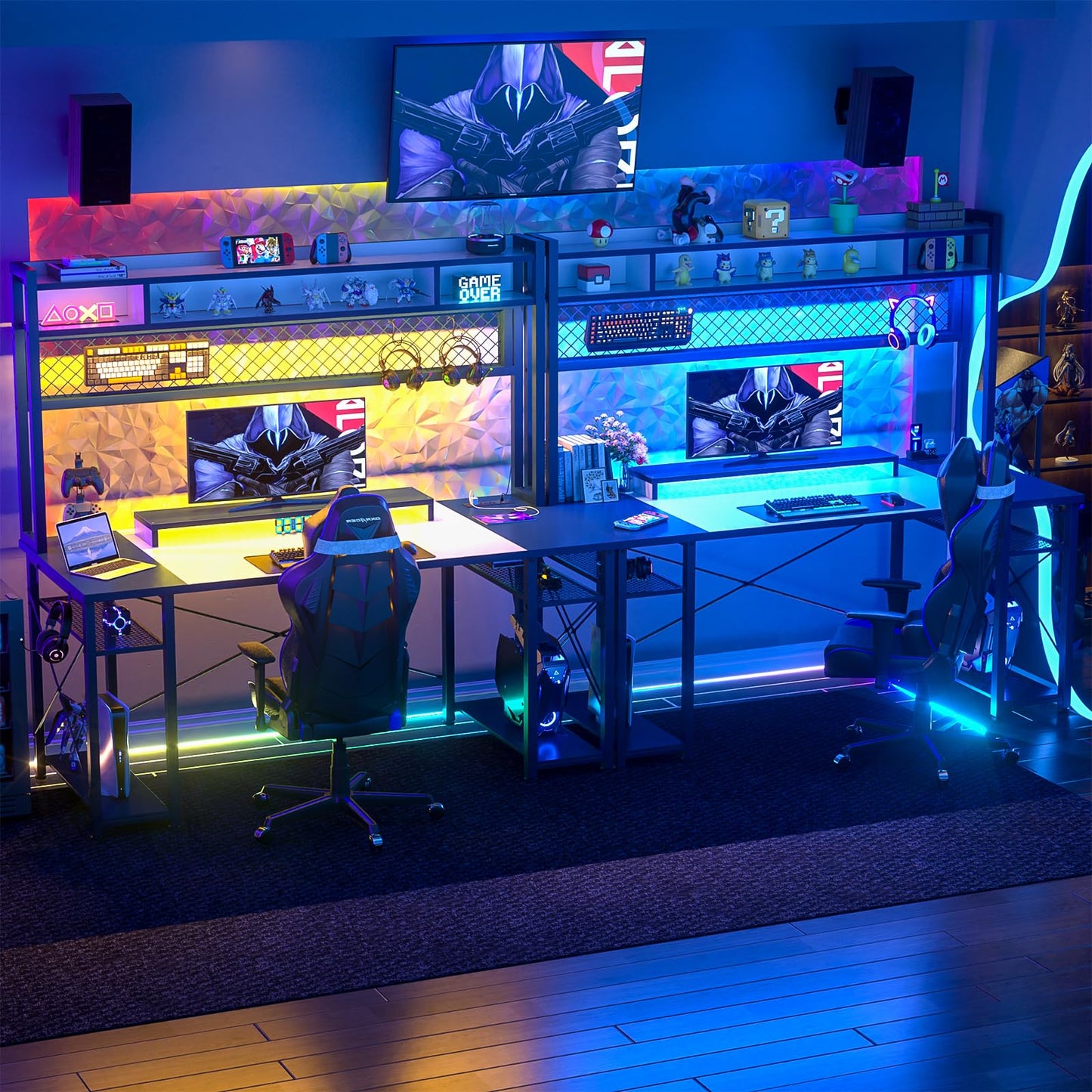 iSunirm 48 Gaming Desk with Hutch, Large Computer Desk with LED and Charging Station, Home Office Desk with Pegboard, Power Outlet, Storage and Monitor Stand, 48'' Gamer Desk PC Table, White