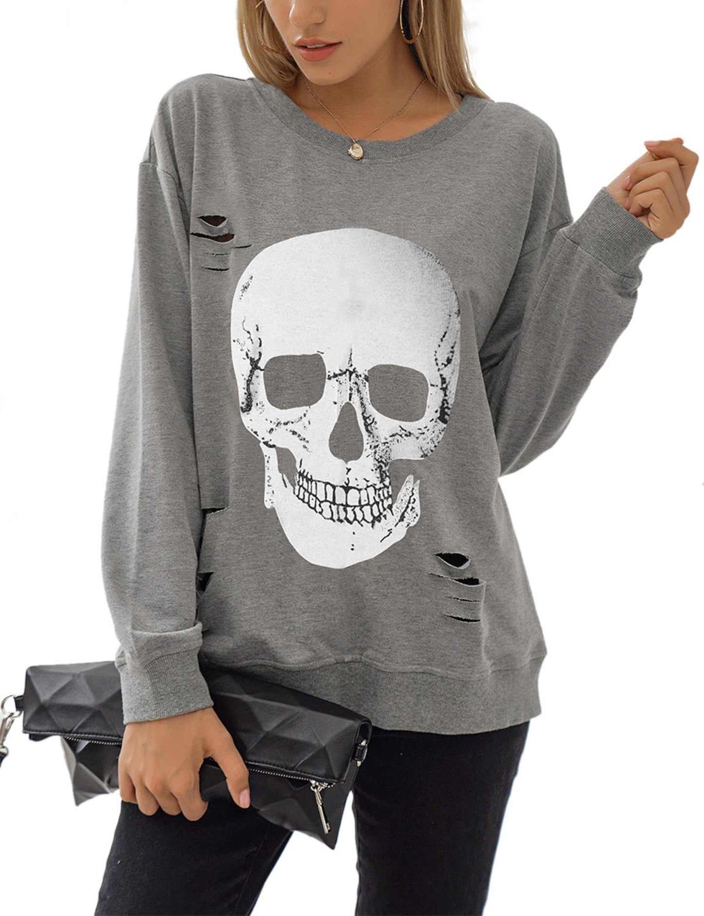 Blooming Jelly Women's Halloween Sweatshirts Skull Graphic T Shirts Long Sleeve Pullover Gothic Fall Trendy Outfits 2024 (Large, Grey)