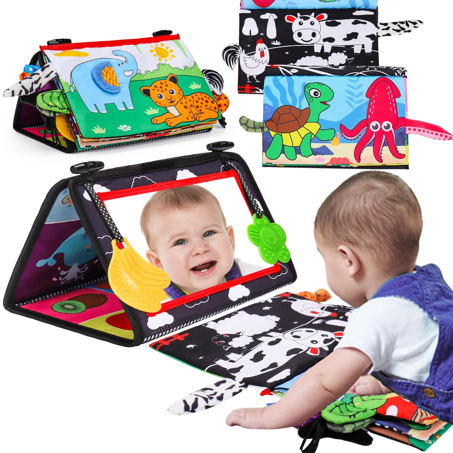 Baby Mirror Tummy Time Toys 0-6 Months with Crinkle Cloth Books Infant High Contrast Newborn Sensory Black and White Toy for 0-3 4 5 6 Months Must Haves Babies 3-6 6-12 Month Boys Girls Shower Gifts